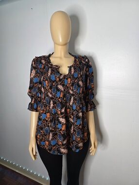 Vintage America Black Floral Tunic with Blue & Orange Accents
